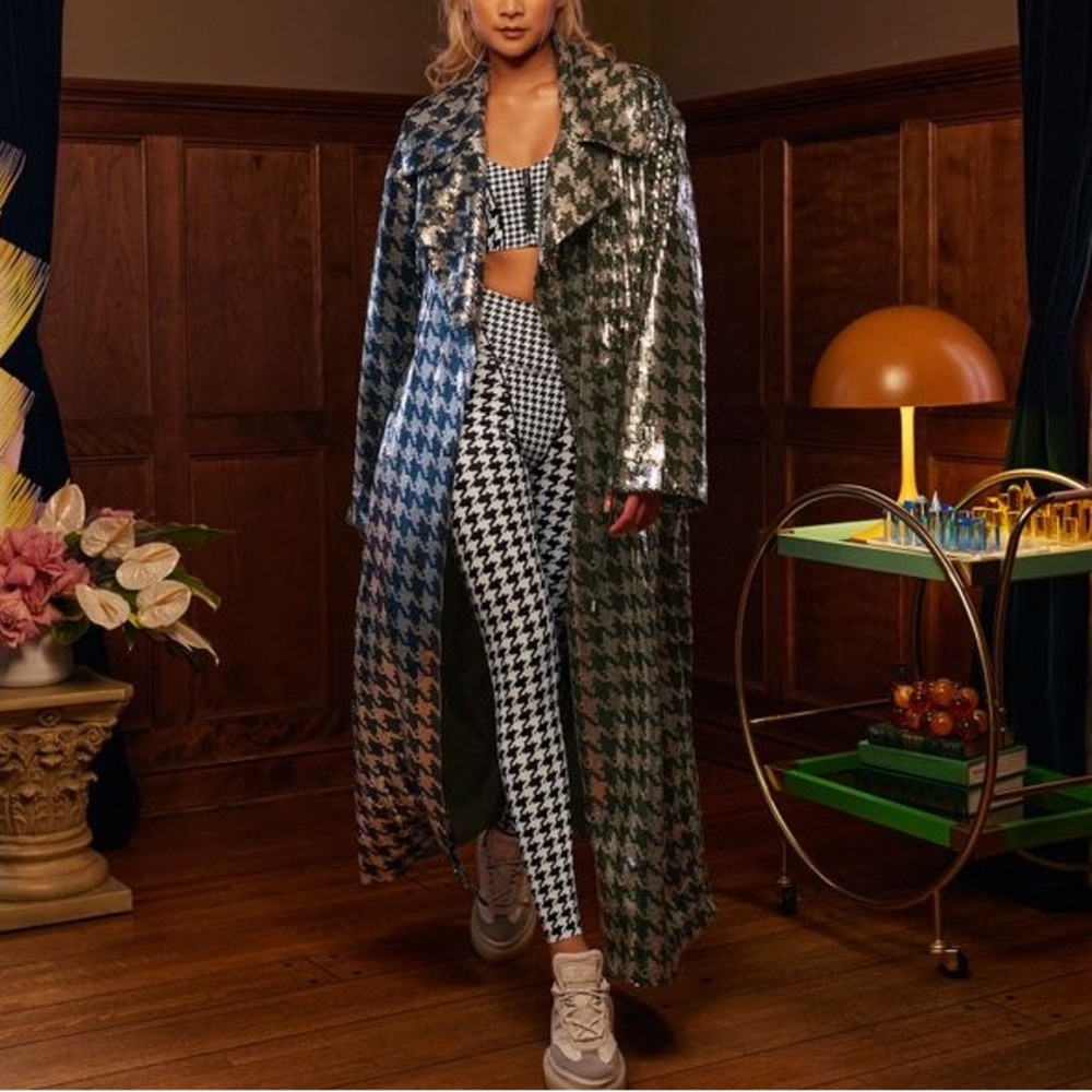 IVY PARK Blue and Green Full Length Duster with Houndstooth Pattern